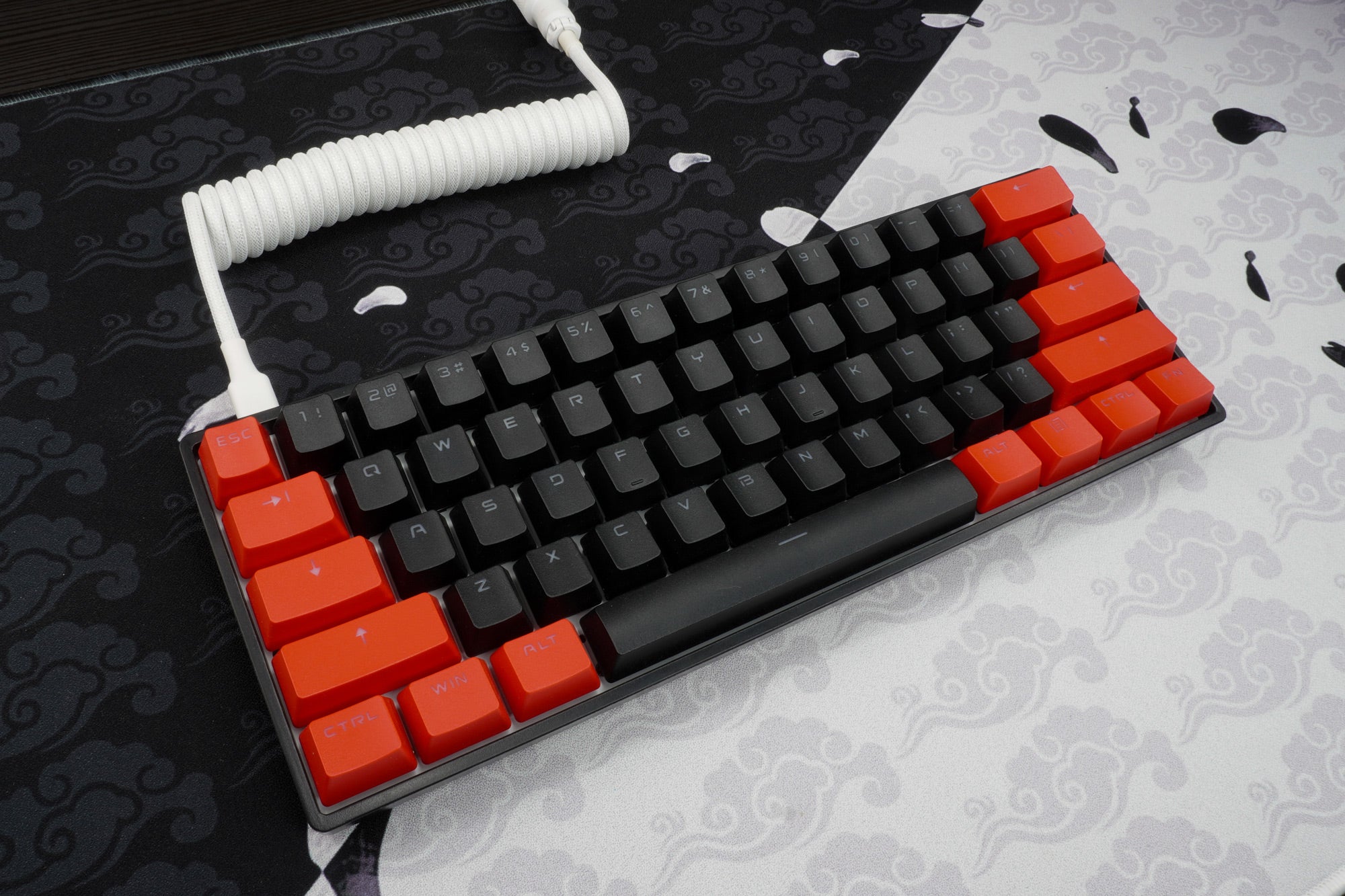 Devil One keyboard black case, red black keycaps, white coiled cable