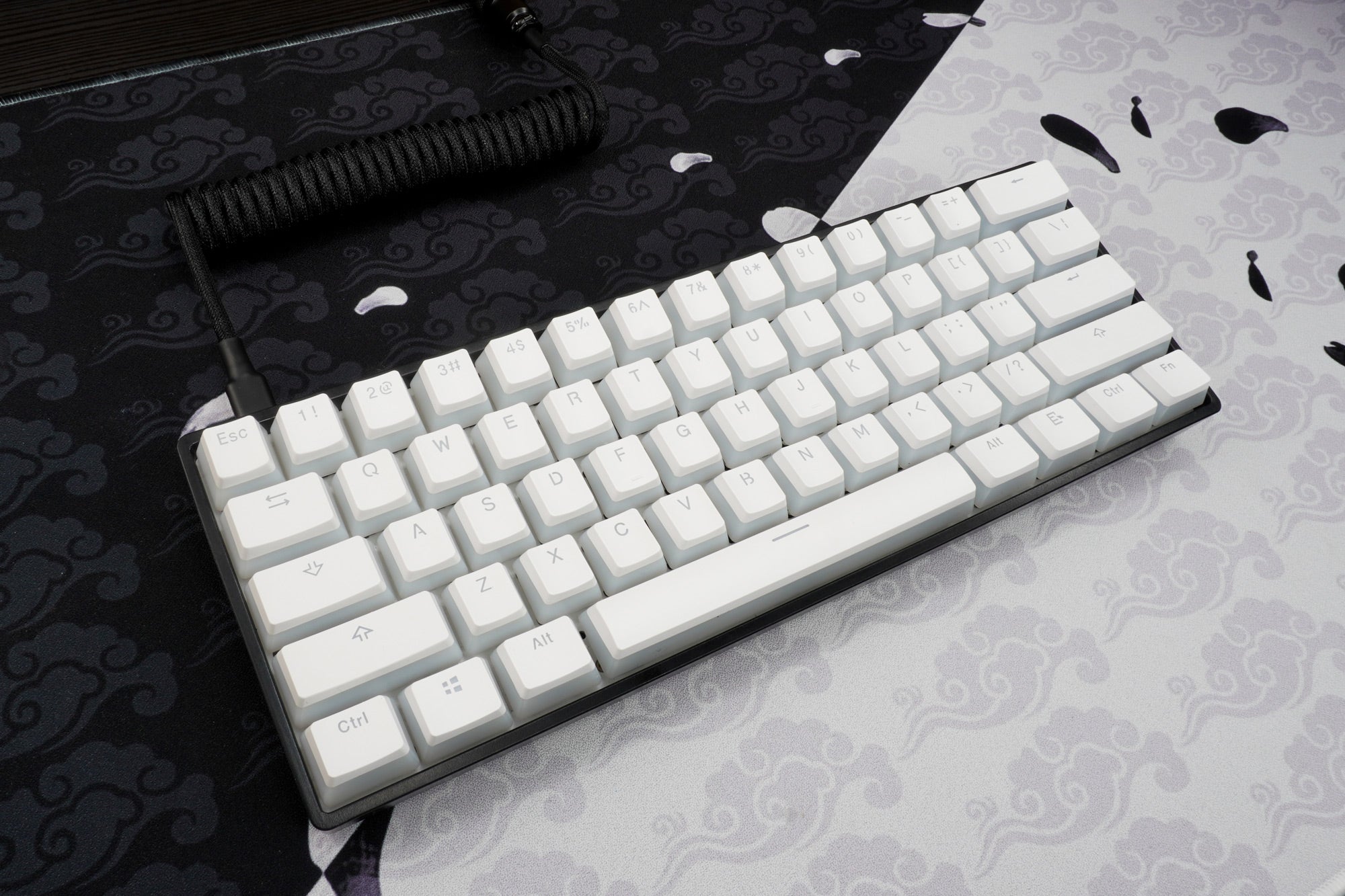 Devil One keyboard  black case, white keycaps, black coiled cable